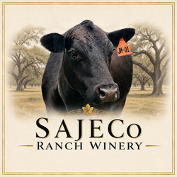 Black cow in a ranch winery logo with “SAJECO” text on a beige background