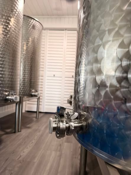 Large stainless steel tanks in a winery cellar, with a blue-tinted tank in the foreground.
