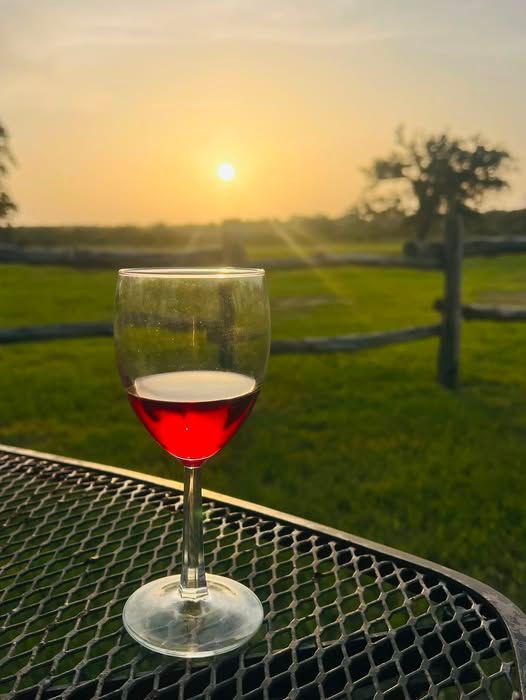 Wine glass with red wine on a patio table at sunset overlooking a green field
