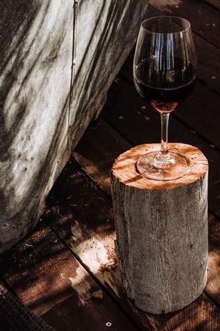 Wine glass on a tree stump table in a rustic, sunlit setting