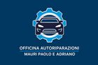 Logo blu di un'officina meccanica con un'auto all'interno di un ingranaggio e la scritta