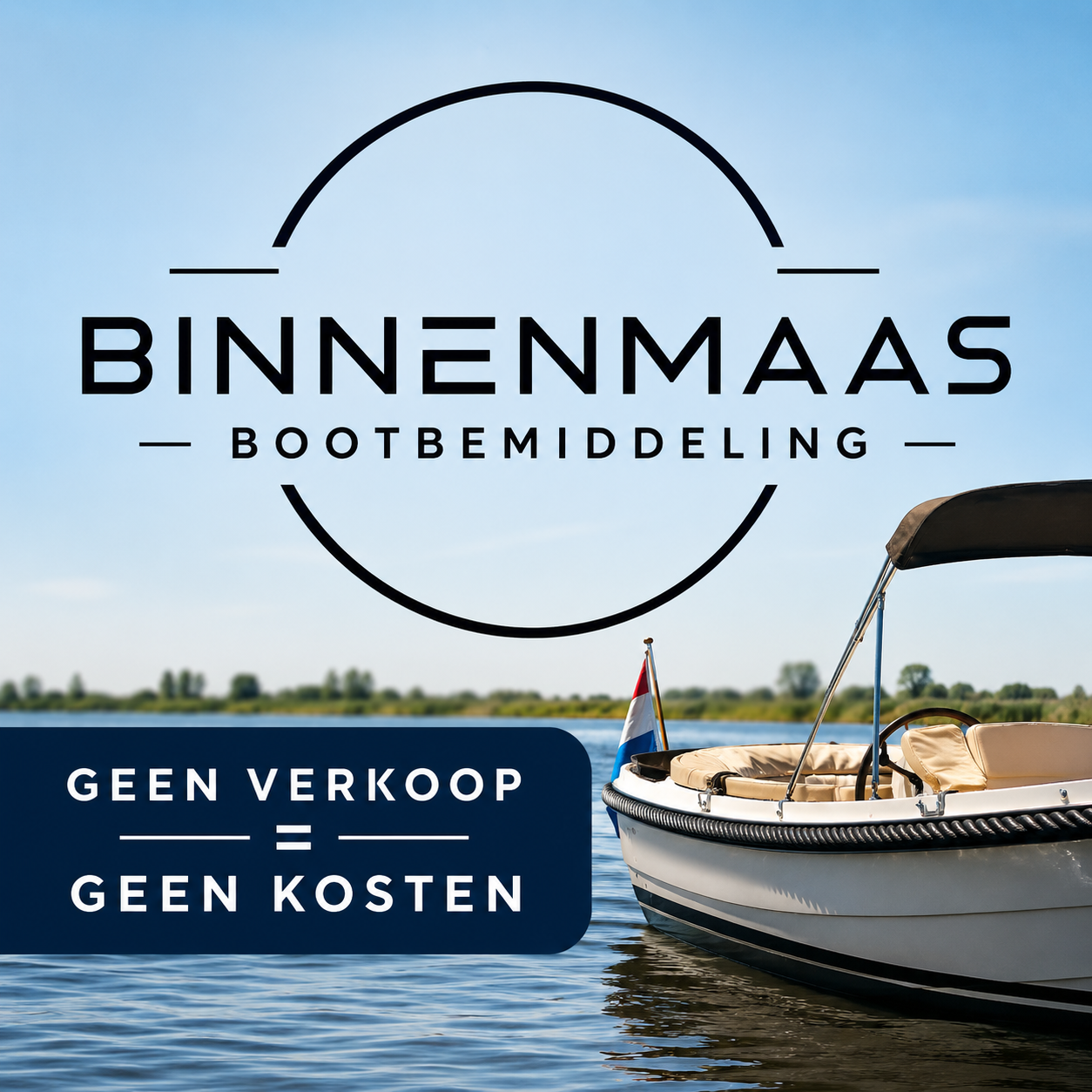 Binnenmaas bootbemiddeling logo over meer met boot en tekst “geen verkoop, geen kosten”