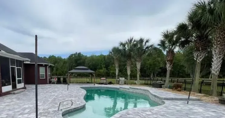 Backyard patio with a curved pool, palm trees, and a gazebo under a cloudy sky