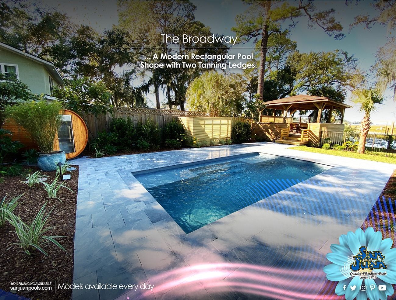 Backyard swimming pool with blue water, patio, trees, and a covered seating area in bright sunlight