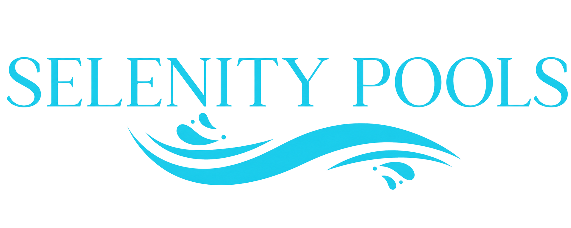Selinity Pools logo with light blue text and stylized wave graphic on a white background