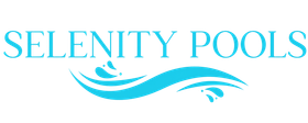 Selinity Pools logo with light blue text and stylized wave graphic on a white background