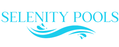 Selenity Pools logo with turquoise text and a flowing blue wave graphic