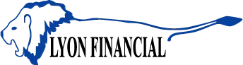 Lyon Financial logo with blue lion and flowing tail on white background