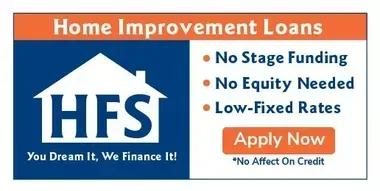HFS Home Improvement Loans ad with blue-and-orange design, “No Stage Funding,” “No Equity Needed,” and “Apply Now” button