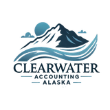 A logo for clearwater accounting alaska with a mountain and waves.