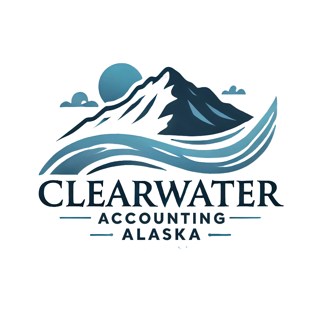 A logo for clearwater accounting alaska with a mountain and waves.