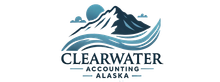 A logo for clearwater accounting alaska with a mountain and waves
