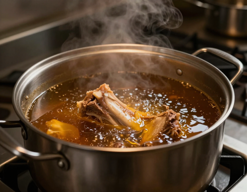 Tonkotsu broth simmering in stockpot