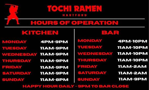 Tochi Ramen Hartford soft open poster with ramen bowls and red-and-white announcement text