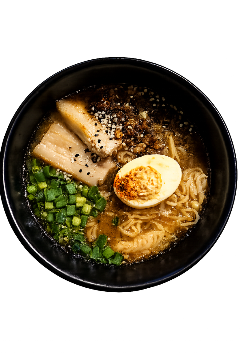 Black bowl of ramen with egg, sliced pork, green onions, and broth on a white background