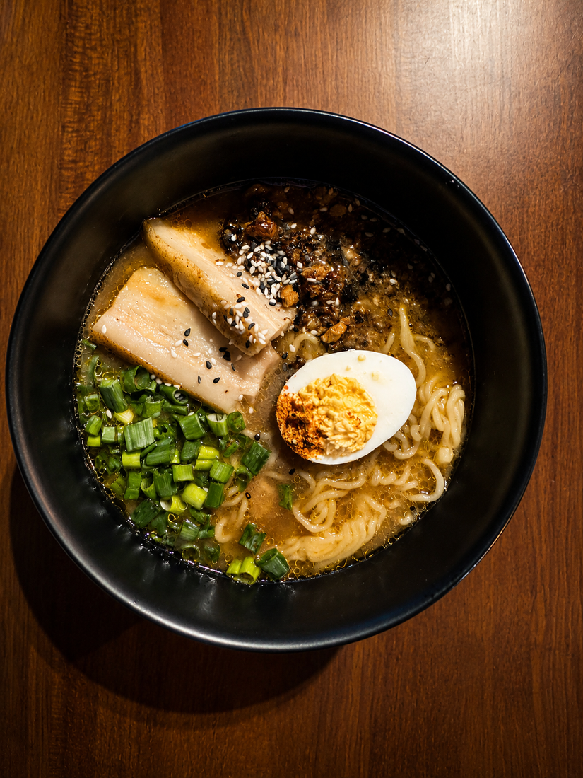 Dramatic ramen bowl flat lay with red accent light