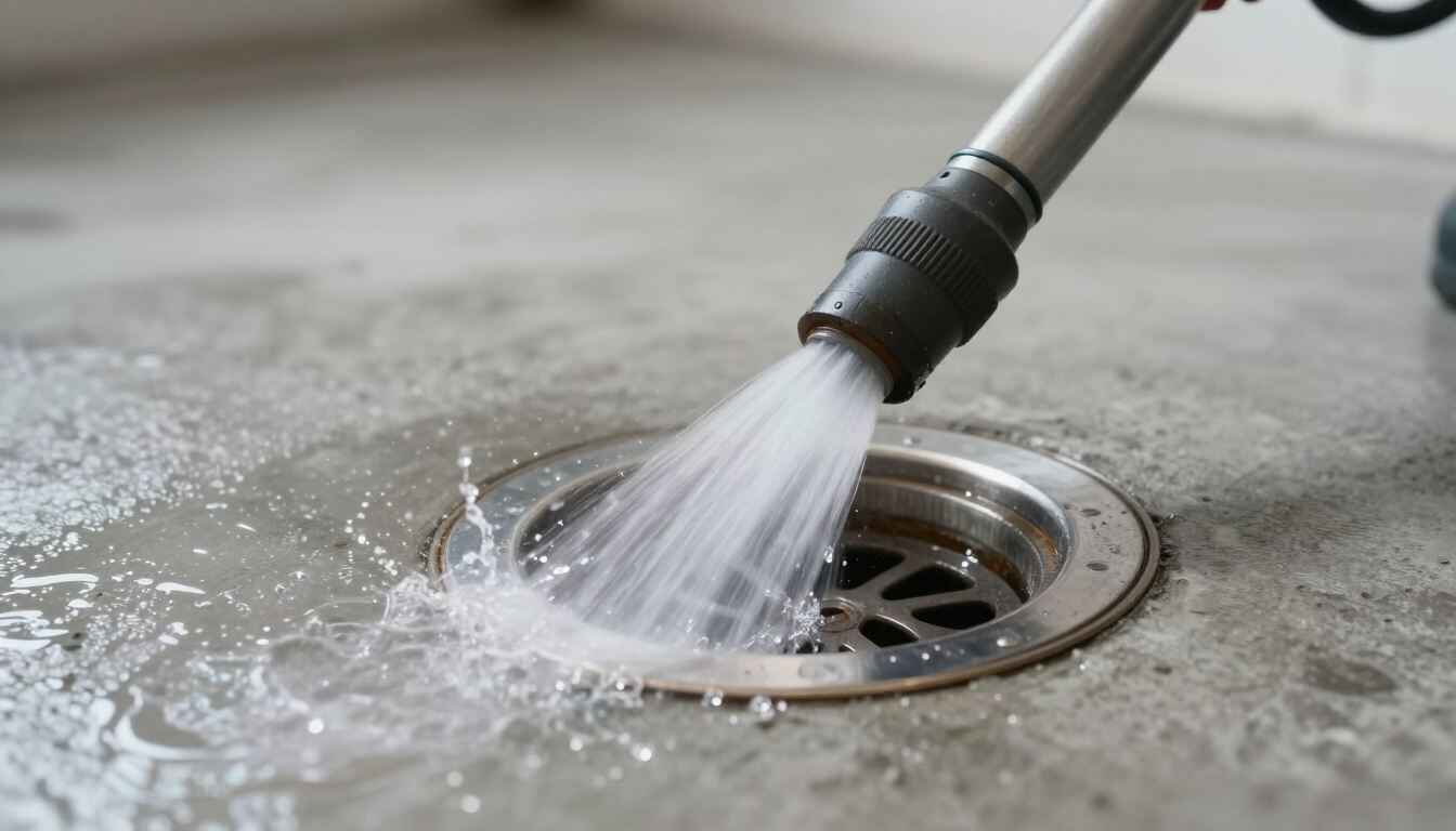 Water spraying from a hose into a metal floor drain, washing a wet concrete surface