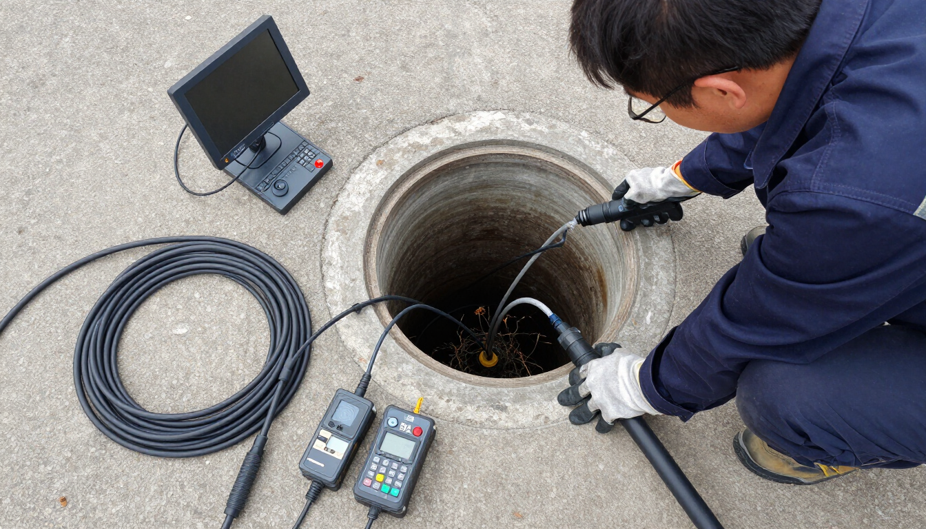 Technician inspecting a manhole with cable coil, laptop, and testing devices nearby