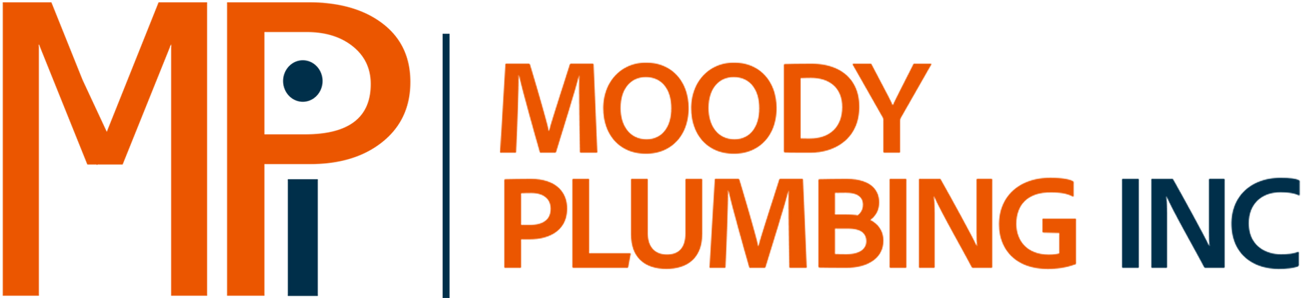 Moody Plumbing Inc. logo with orange and blue lettering and stylized MP icon