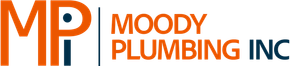 Moody Plumbing Inc. logo with orange and blue lettering and stylized MP icon