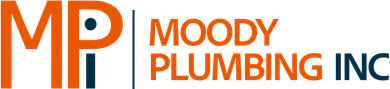 Moody Plumbing Inc. logo with orange and blue lettering and stylized MP icon