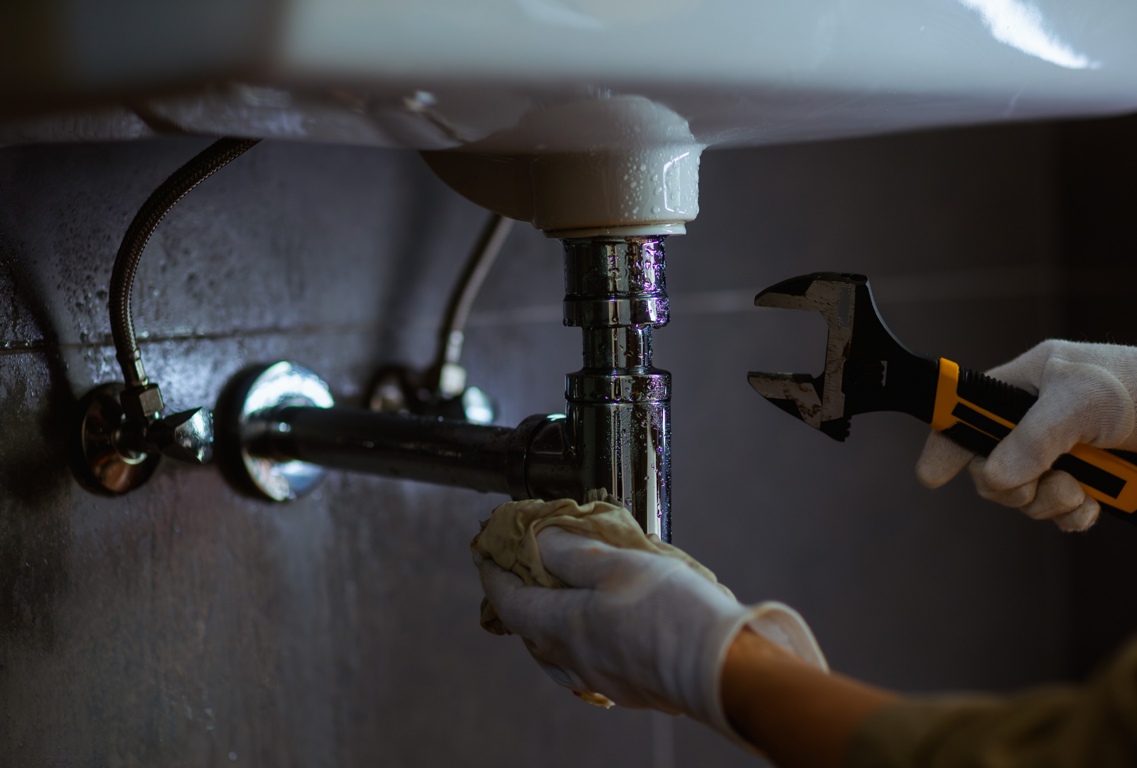 Person tightening a sink pipe under a basin with a wrench and gloved hands