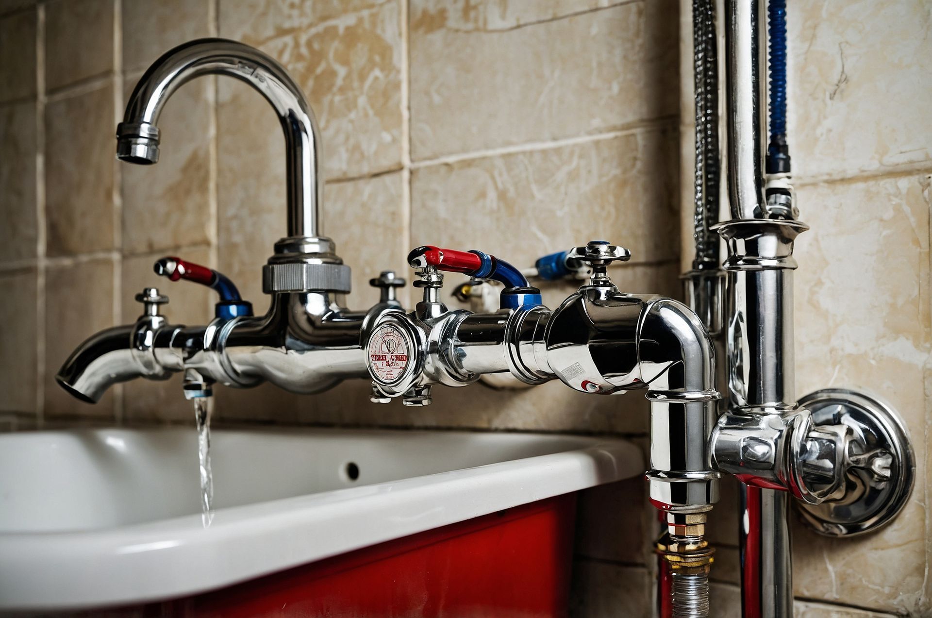Vintage chrome faucet above white sink with red basin and tiled wall backdrop