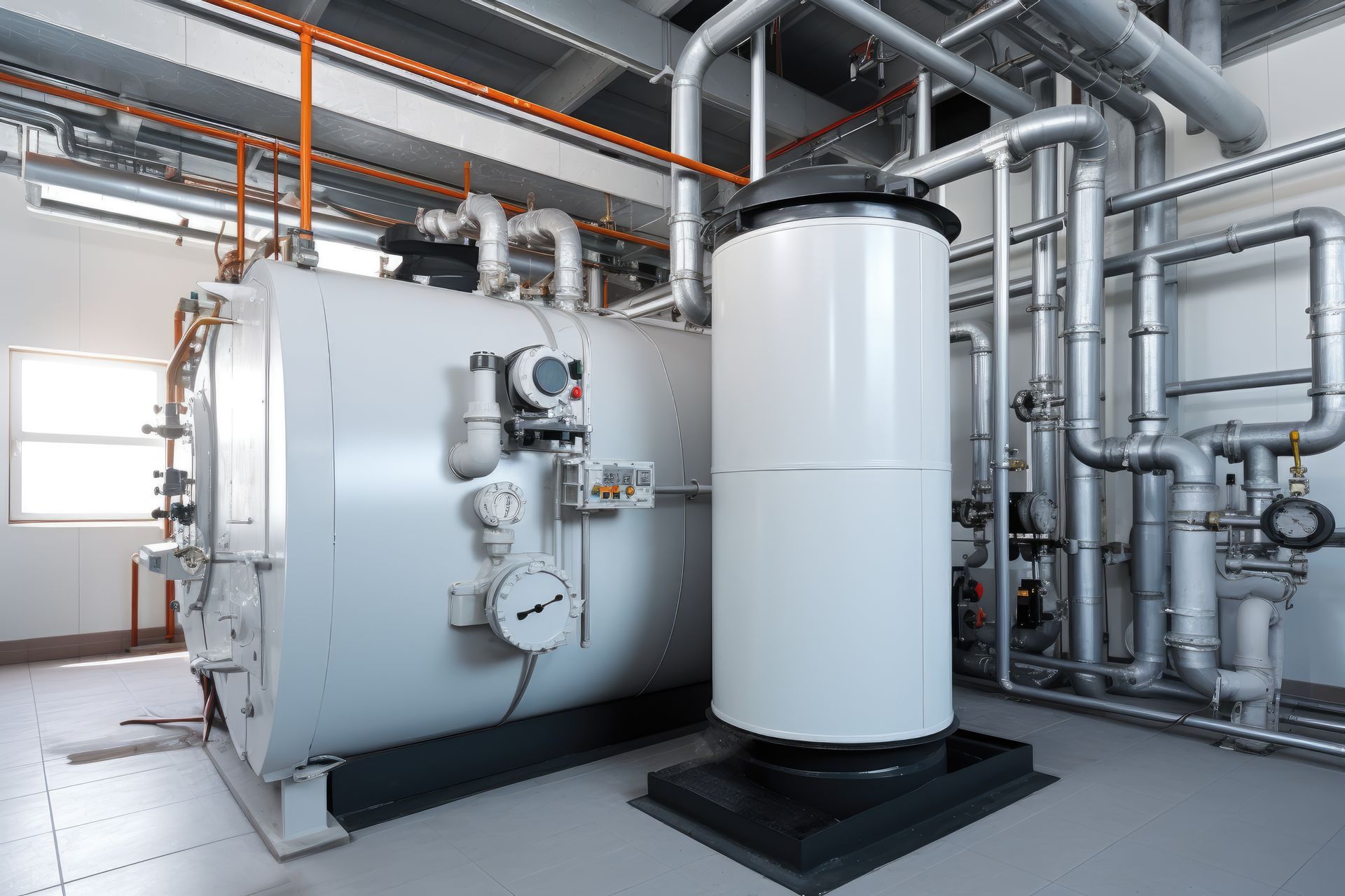 Industrial boiler room with large white tanks, metal pipes, and machinery in a clean utility space