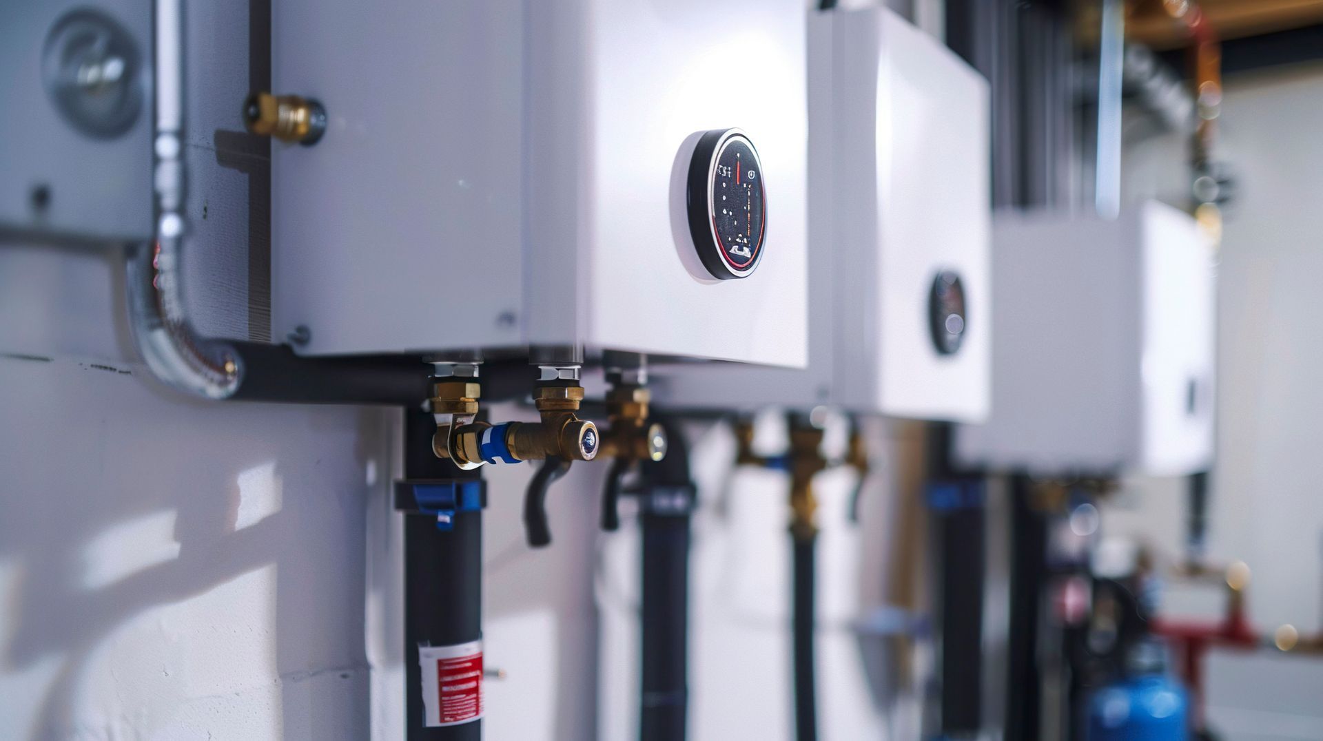 Row of white industrial water heaters with pipes and valves in a utility room