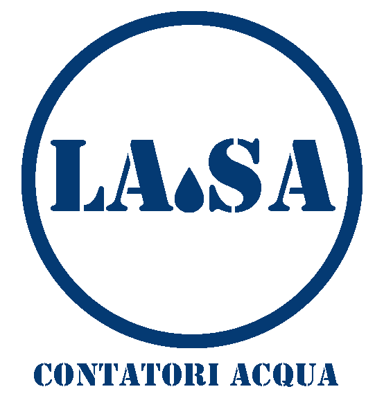 Logo di LASA, un'azienda italiana produttrice di contatori d'acqua, con testo blu e il simbolo di una goccia d'acqua all'interno di un cerchio blu.