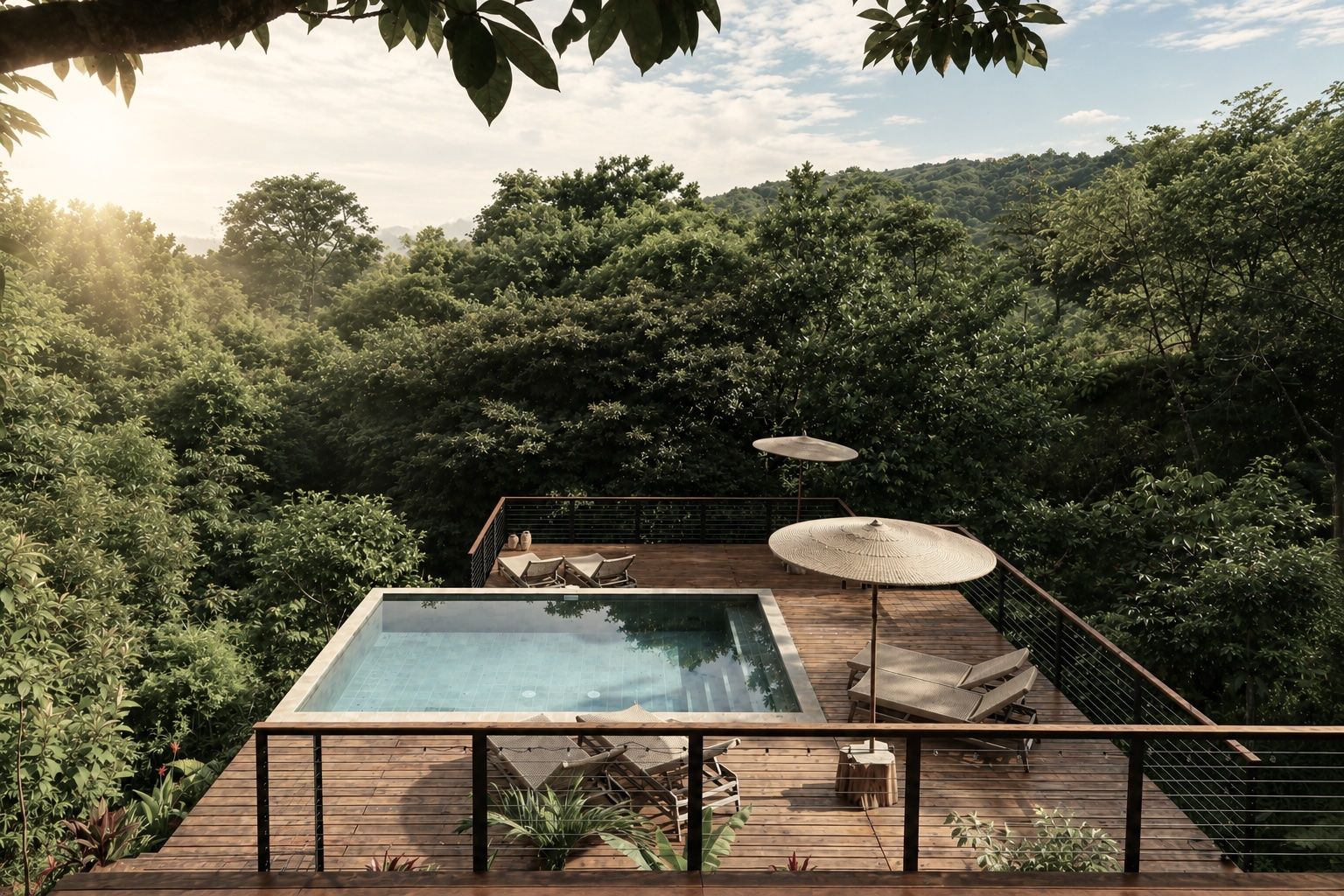 Dark blue slide with centered text “PRIVATE POOL” and subtitle “Pool with bay view, gated tour”