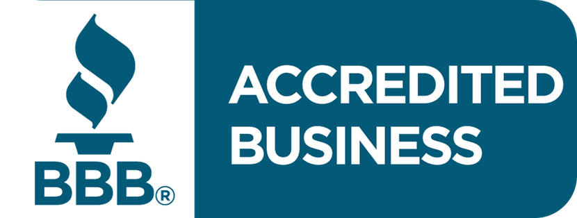 BBB Accredited Business logo in blue and white with the Better Business Bureau torch icon