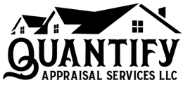 Quantify Appraisal Services LLC logo with black house roof and bold black text on white background
