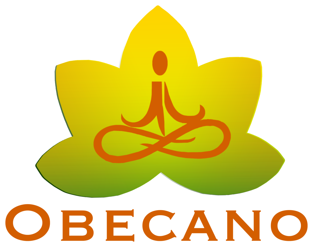 Obecano logo with yellow-green lotus and orange meditating figure above the word OBECANO