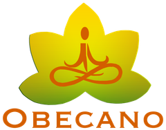 Obecano logo with yellow-green lotus and orange meditating figure above the word OBECANO