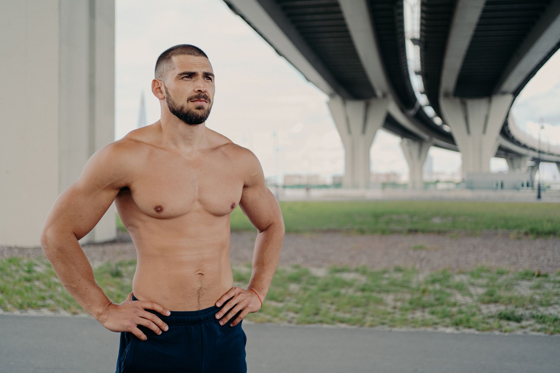 Shirtless man with hands on hips standing under an elevated highway on a grassy roadside.