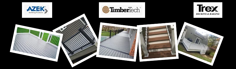 Logos of AZEK, TimberTech, and Trex with deck photos on a black background.