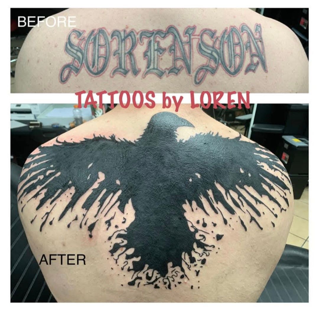 Tattoo cover-up on back: old name 