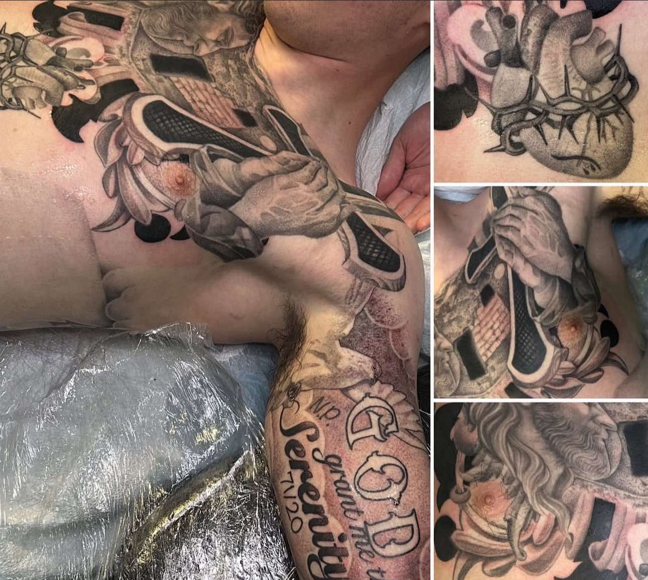 Tattoos on a person's chest, shoulder, and arm. Black and gray ink depicts a heart, hands, and architectural elements.