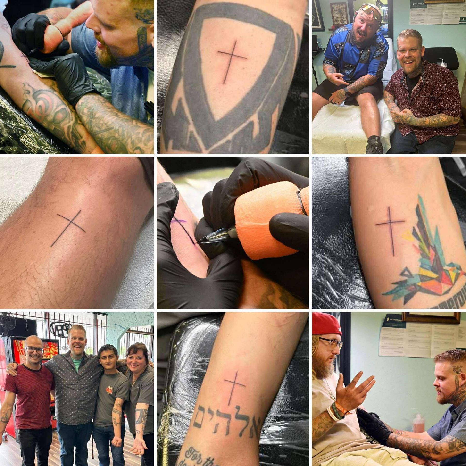 Nine photos showing people getting cross tattoos, with artists and clients.