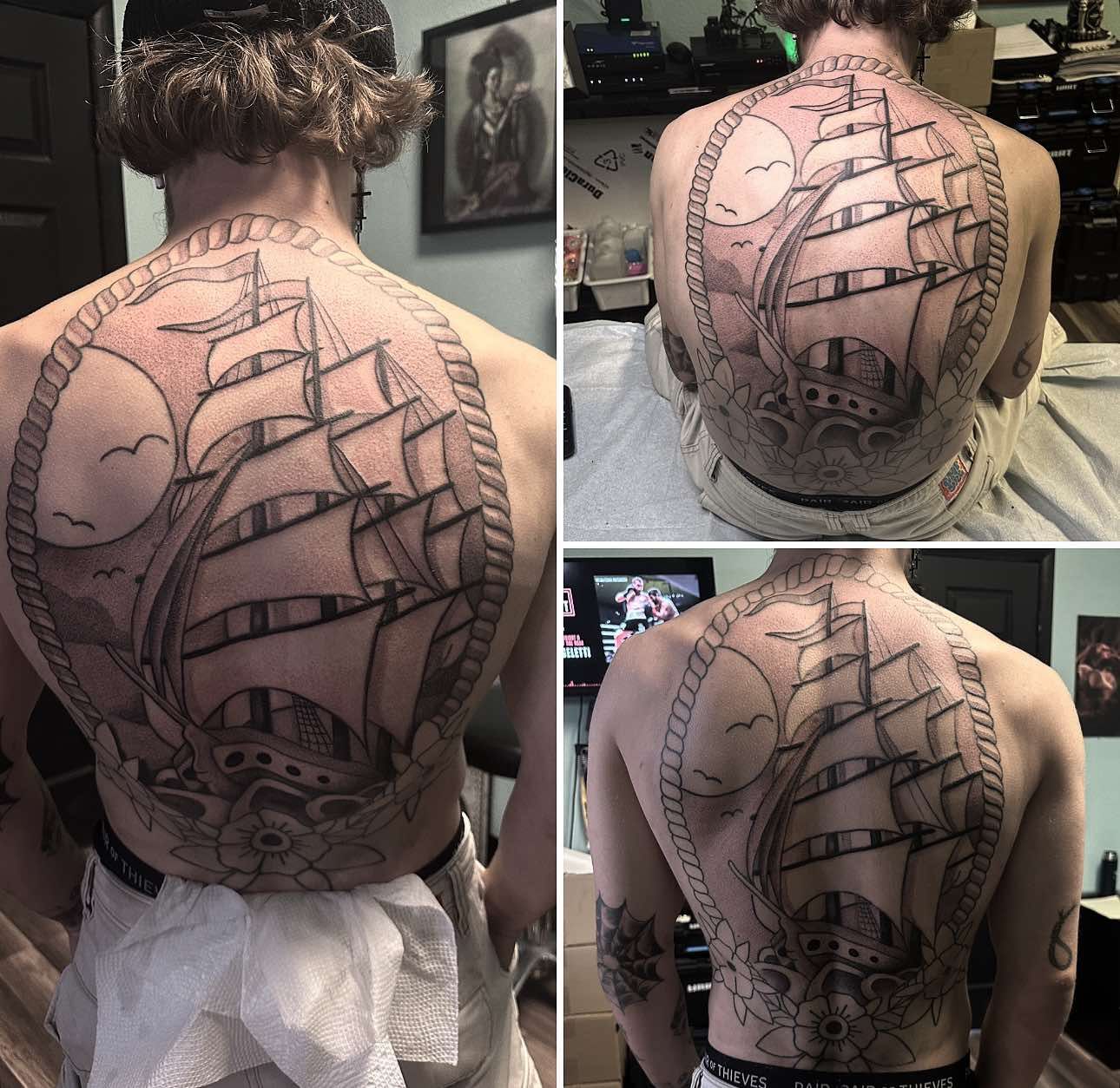 Three views of a person's back with a large ship tattoo in a circular frame.