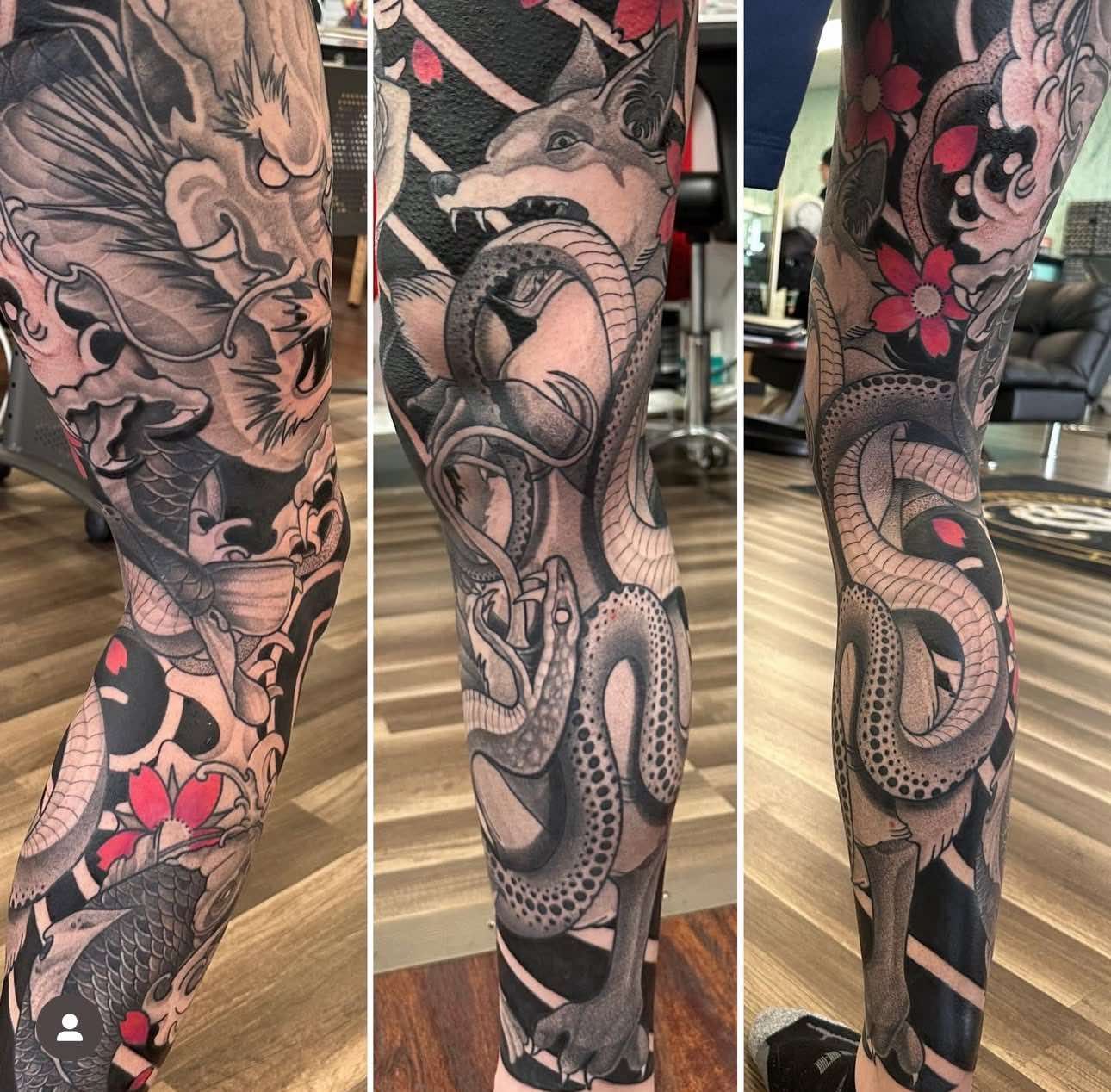 Tattoo art on a leg. Black and gray, dragon, snake, fox, and flowers with red accents.