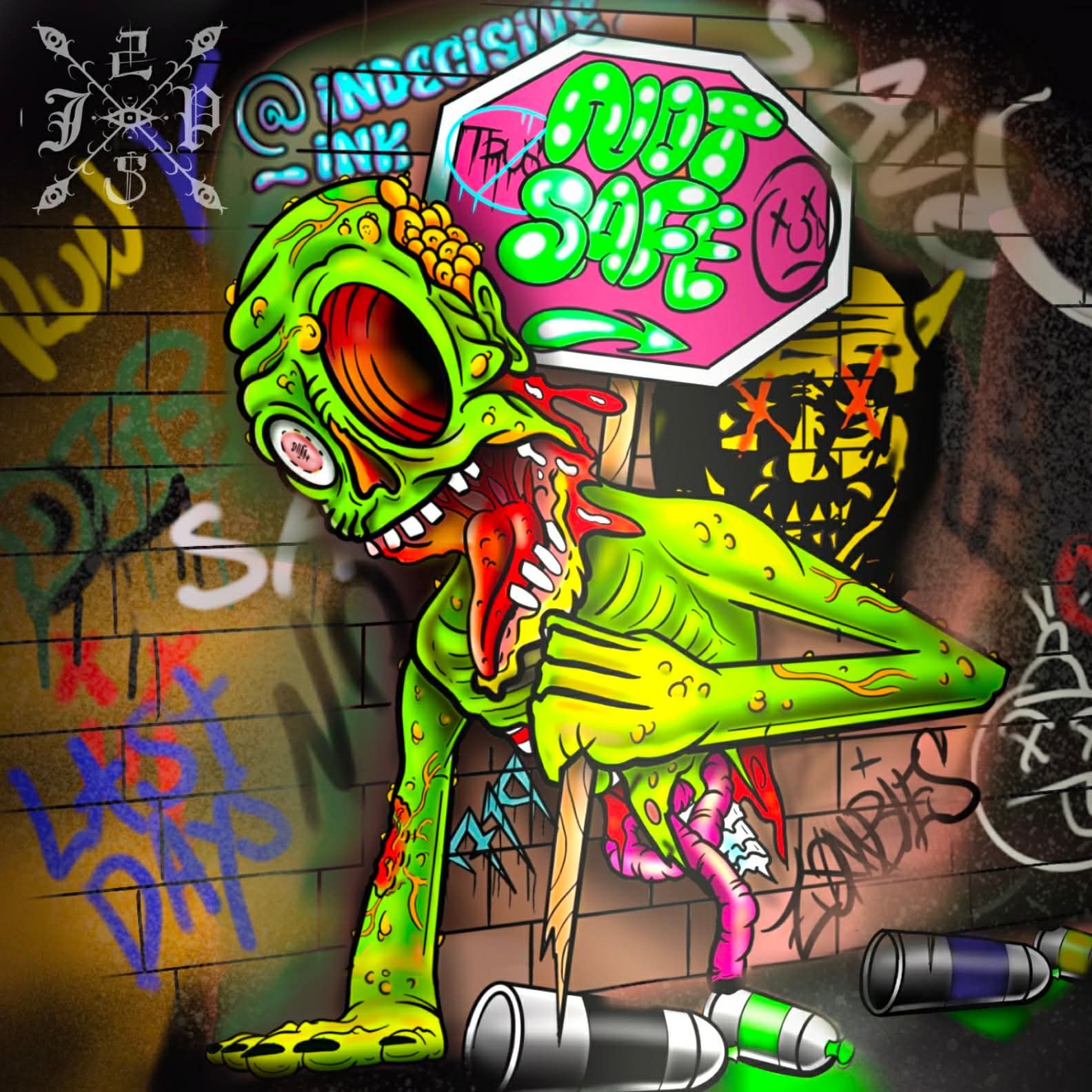 Zombie with exposed guts and stop sign, graffiti background.