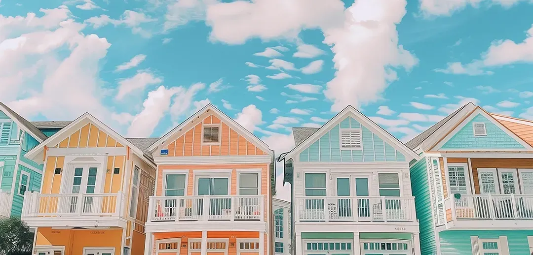 A row of colorful houses against a blue sky with clouds.