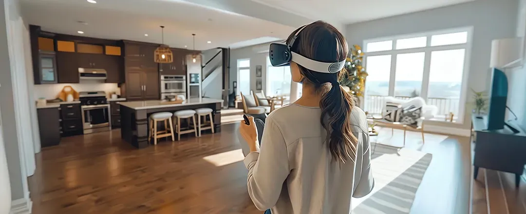 A woman wearing a virtual reality headset is standing in a living room.