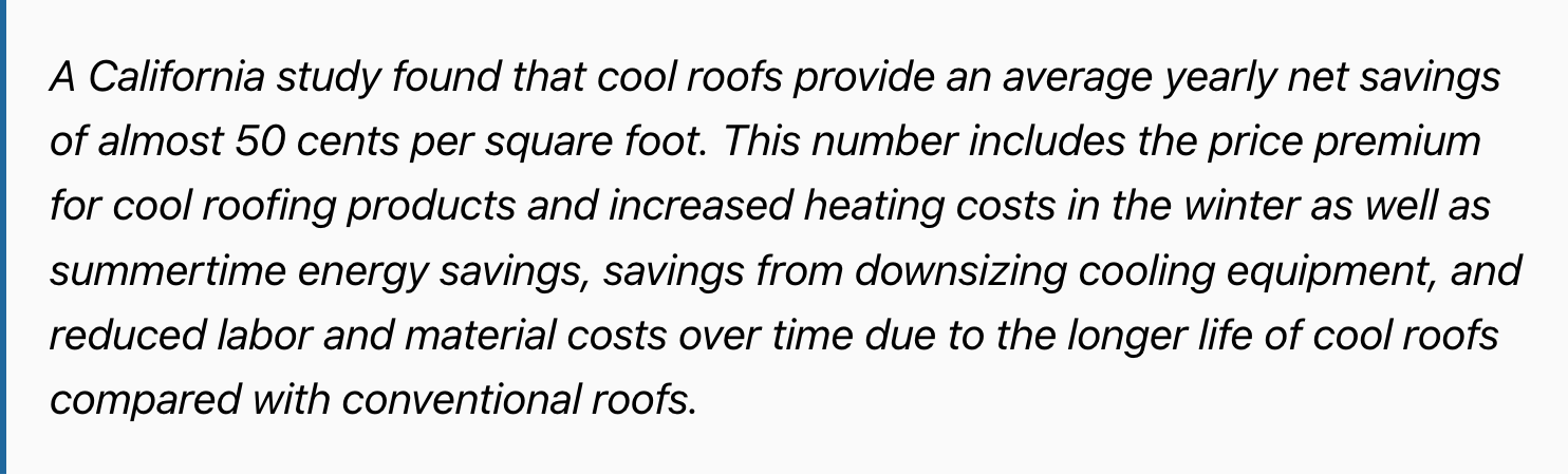Text from a California study about the net savings of cool roofs.