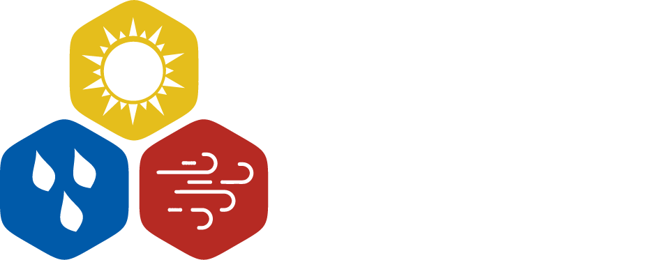 A logo of sun, rain, and wind in hexagonal shapes, in yellow, blue, and red.