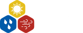 A logo of sun, rain, and wind in hexagonal shapes, in yellow, blue, and red.