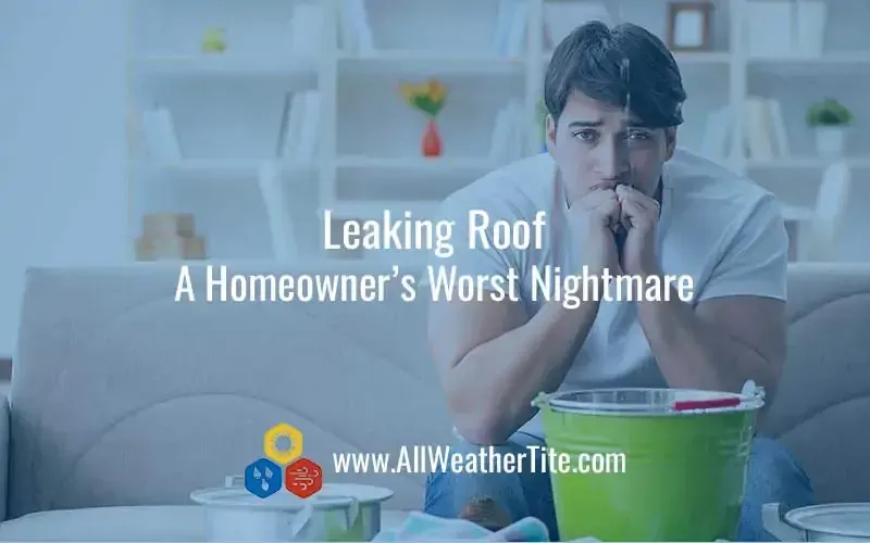 Man with worried expression sits under leaking roof; water buckets around him.