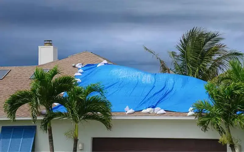 Blue tarp covering damaged roof, secured with white sandbags, palm trees, and cloudy sky.